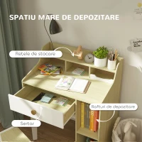 AIYAPLAY Set Birou pentru Copii cu Raft de Depozitare, Sertar și Scaun din Lemn, 80,4x50x96 cm, Alb(m-4)