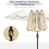 Outsunny Umbrelă de Grădină Dublă Înclinabilă la 45° cu Manivelă si 3 Orificii de Ventilație, 295x152x222 cm, Kaki(m-6)