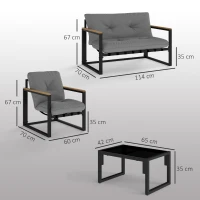 Outsunny Salon de jardin extérieur 4 personnes avec canapé, 2 fauteuils et table basse en verre trempé, coussins inclus, gris(m-3)