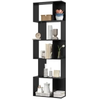 HOMCOM Bibliotecă cu 5 Rafturi Divizate în Formă de S din Lemn, 60x24x184.5 cm, Negru(m-10)