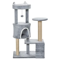 PawHut Ansamblu pentru Pisici cu Turn, Căsuţă, Rampă şi Minge de Jucărie, 60x40x100 cm, Gri Deschis(m-7)