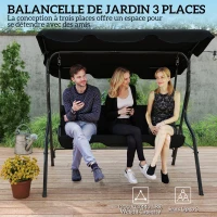 Outsunny Balancelle de Jardin 3 Places Toit imperméabilisé Inclinaison réglable Coussins Assise Dossier Noir(m-6)