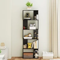 HOMCOM Bibliotecă cu 5 Rafturi Divizate în Formă de S din Lemn, 60x24x184.5 cm, Negru(m-8)