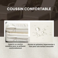 Outsunny Lot de 2 transats bains de soleil : matelas, têtière, inclinaison réglable roulettes + table basse verre trempé crème(m-7)