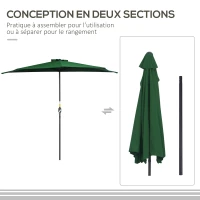 Outsunny Demi parasol parasol de balcon 5 entretoises métal cheminée incluse 2,93 x 1,5 x 2,49 m polyester haute densité vert(m-4)