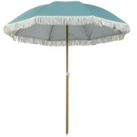 Outsunny Parasol de plage mât effet bois Ø 1,7 m, grand parasol à franges hauteur réglable, UPF50+ sac de transport, bleu clair(m-10)