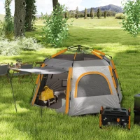 Outsunny Instant Pop Up Camping Tent, 2/3/4 Person Easy Setup Dome Family Tent with Vestibule, Rainfly, 4 Mesh Windows & 2 Doors, Hexagonal Design, Waterproof & UV Protected, Light Grey(m-9)