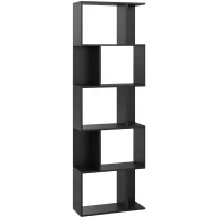 HOMCOM Bibliotecă cu 5 Rafturi Divizate în Formă de S din Lemn, 60x24x184.5 cm, Negru(m-11)