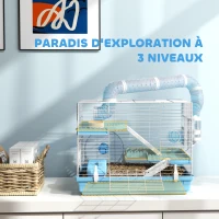 PawHut Cage pour hamster portable avec cabane, roue de course, gamelle, bouteille d'eau, 47,5 x 31,5 x 29,5 cm, bleu clair(m-5)