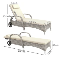 Outsunny Transat bain de soleil matelas inclinaison réglable multipositions accoudoirs roulettes 200 x 73 x 30-103 cm gris clair(m-3)