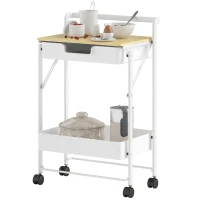 HOMCOM Carrinho Auxiliar com Rodas de 2 Níveis Carrinho de Cozinha com 1 Gaveta e 1 Cesto Carrinho Organizador 45x29,5x68 cm Branco(m-11)