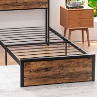 HOMCOM Industrial Single Bed Frame, 3.1FT Steel Bed Base with Storage Headboard, Footboard, Slatted Support and Under Bed Storage, 95 x 209cm, Rustic Brown(m-8)