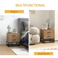 HOMCOM Set de 2 Noptiere cu 2 Sertare din Lemn și Oțel, 40x39.5x48 cm, Lemn Natural(m-4)