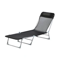 Outsunny Espreguiçadeira dobrável e reclinável de jardim com apoio de cabeça e encosto ajustável em 5 níveis Tecido textilene respirável 182x56x24,5 cm preto(m-11)