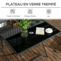 Outsunny Table à manger de jardin pliable avec plateau verre trempé table extérieure avec trou de parasol 110 x 70 x 70 cm noir(m-6)