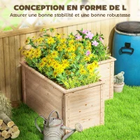 Outsunny Jardinière en forme de L, lit surélevé de jardin, bac à fleurs à fond ouvert, en bois 120 x 120 x 62 cm, bois naturel(m-5)