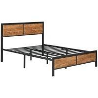 HOMCOM Industrial Double Bed Frame, 5FT Steel Bed Base with Headboard, Footboard, Slatted Support and Under Bed Storage, 142 x 195cm, Rustic Brown(m-1)