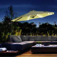 Outsunny 3(m) LED Cantilever Parasol Garden Sun Umbrella w/ Base and Solar Lights Beige(m-13)