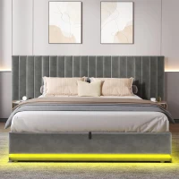 King Ottoman Bed with LED Lighting, Velvet Upholstered Bed with Hydraulic Storage and Channel Tufted Headboard, 238L x 214W x 114H cm, Grey(m-1)