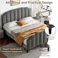 Double Upholstered Bed Frame with Adjustable Channel-Tufted Headboard, Easy Assembly, Perfect for Sophisticated and Modern Bedroom, 198L x 141.5W x 111.5H cm, Grey(m-6)