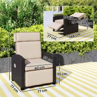 Outsunny 145° Reclining Rattan Armchair, with Footrest - Brown/Khaki(m-3)