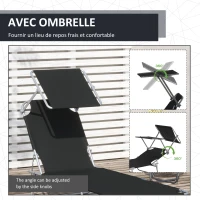 Outsunny Transat Bain de Soleil Pliable Chaise Longue Pliante Grand Confort Dossier Inclinable Multi-positions et Pare-Soleil réglable Dim. 187L x 58l x 36H cm noir(m-6)