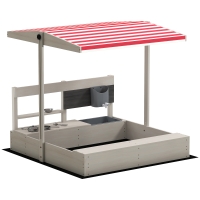 Outsunny Kids Wooden Sandbox w/ Canopy, Kitchen Toys, Seat, Storage, for Ages 3-7 Years