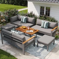 Space-Saving L-Shaped Sofa with Wooden Coffee Table, Stool Table Boxes, Outdoor Garden Lounge Set for 7-8 People, 115L x 60W x 78.5H cm, Grey(m-9)