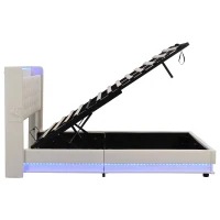 King Upholstered Bed Frame with Hydraulic Storage, LED Lighting and Charging Station, Linen Ottoman Bed with USB and Type-C Ports, 212L x 156W x 113H cm, Beige(m-14)