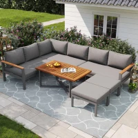 Space-Saving L-Shaped Sofa with Wooden Coffee Table, Stool Table Boxes, Outdoor Garden Lounge Set for 7-8 People, 115L x 60W x 78.5H cm, Grey(m-7)