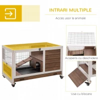 PawHut Cușcă pentru Iepuri și Porcușori de Guineea cu 4 Roți, Rampă și Tavă Detașabilă, 90x53x59 cm, Maro(m-5)