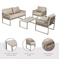 Modern Hand-Woven Sofa Set with Glass Coffee Table, Thick Cushions, Outdoor Garden Lounge Set for 4 People, 126L x 65W x 72H cm, Khaki(m-5)