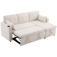 3-in-1 Convertible Sofa Bed with Reversible Chaise, Internal Storage and Cup Holders, L-Shaped Sleeper Sofa with Pillows, 211L x 130W x 86H cm, Beige(m-14)