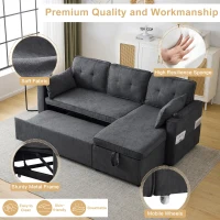 3-in-1 Convertible Sofa Bed with Internal Storage Chaise, L Shaped Sleeper Sofa with Cup Holders and Pillows, 211L x 130W x 86H cm, Grey(m-4)