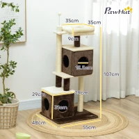 PawHut Ansamblu de Joacă pentru Pisici cu 2 Căsuțe, Pat, Platforme de Sărit și Minge de Joacă, 55x48x107 cm, Multicolor(m-3)