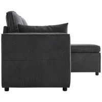 3-in-1 Convertible Sofa Bed with Internal Storage Chaise, L Shaped Sleeper Sofa with Cup Holders and Pillows, 211L x 130W x 86H cm, Grey(m-15)