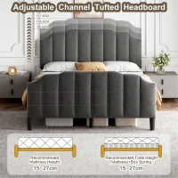 Double Upholstered Bed Frame with Adjustable Channel-Tufted Headboard, Easy Assembly, Perfect for Sophisticated and Modern Bedroom, 198L x 141.5W x 111.5H cm, Grey(m-4)