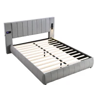 Upholstered King Size Bed with Stereo and Charging Ports, Velvet and Iron Frame, 218L x 182W x 103H cm, Grey(m-2)