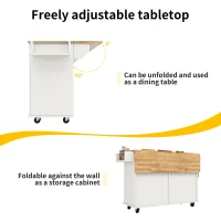 Waterproof Kitchen Island Trolley with Rolling Casters, Adjustable Shelf, Elegant Kitchen Cart with Folding Side Board, 128L x 78W x 90.5H cm, White(m-6)