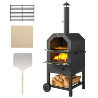 Outsunny 2-in-1 Outdoor Pizzaofen, mit Pizzastein, Aschefach, 2x Grillrost, Thermometer, rostfrei, Schwarz(m-10)