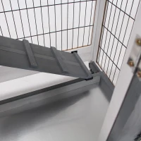 PawHut Cușcă pentru Iepuri din Lemn de Brad cu Roți, Tăvi Detașabile și Căsuță cu Rampă, 110x50x88 cm, Gri și Alb(m-8)