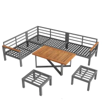 Space-Saving L-Shaped Sofa with Wooden Coffee Table, Stool Table Boxes, Outdoor Garden Lounge Set for 7-8 People, 115L x 60W x 78.5H cm, Grey(m-12)