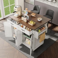 Farmhouse Style Kitchen Island Trolley with Adjustable Shelf, Cabinets and Drawers, Modern Rolling Storage Cabinet, 140L x 73W x 90.5H cm, White(m-7)