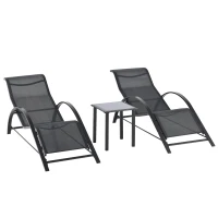Outsunny Lot de 2 bains de soleil chaise longue design contemporain table basse plateau verre trempé métal époxy textilène noir(m-11)
