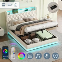 Double Upholstered Bed Frame with Hydraulic Storage, LED Lighting and Charging Station, Linen Ottoman Bed with USB and Type-C Ports, 202L x 141W x 113H cm, Beige(m-7)