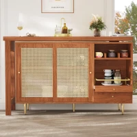 360° Rotating Bar Table with Expandable Design, Open Shelf, Rattan Door, Storage Cabinet for Kitchen, Living Room, 187L x 80W x 76H cm, Brown(m-7)