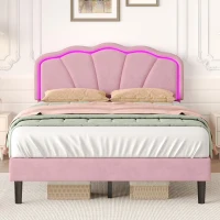 Double Upholstered Bed with LED Adjustable Shell Headboard, Charging Station, Perfect for Sophisticated and Modern bedroom, 194L x 139W x 111H cm, Pink(m-1)