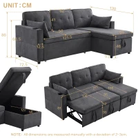 3-in-1 Convertible Sofa Bed with Internal Storage Chaise, L Shaped Sleeper Sofa with Cup Holders and Pillows, 211L x 130W x 86H cm, Grey(m-3)