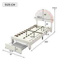 Upholstered Single Bed with Shell Backrest, LED Light Strips, Storage Drawer, Perfect for Sophisticated and Modern Bedroom, 200L x 91W x 114.5H cm, Beige(m-3)