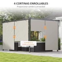 Outsunny Pérgola de Jardín Cenador para Exterior con Techo Retráctil y 4 Cortinas Enrollables 4x3 m Crema(m-5)